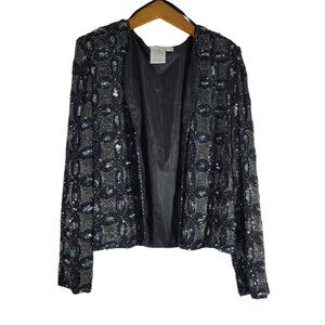 Papell Boutique Evening Jacket Womens Large Silk Black Silver Glam Formal Vtg